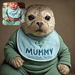 A cute baby with sparkling blue eyes wearing a pastel green outfit and a bib that says 'Love My Mummy' is held gently by an adult. The baby looks curious and content, with a cozy and warm atmosphere surrounding them.