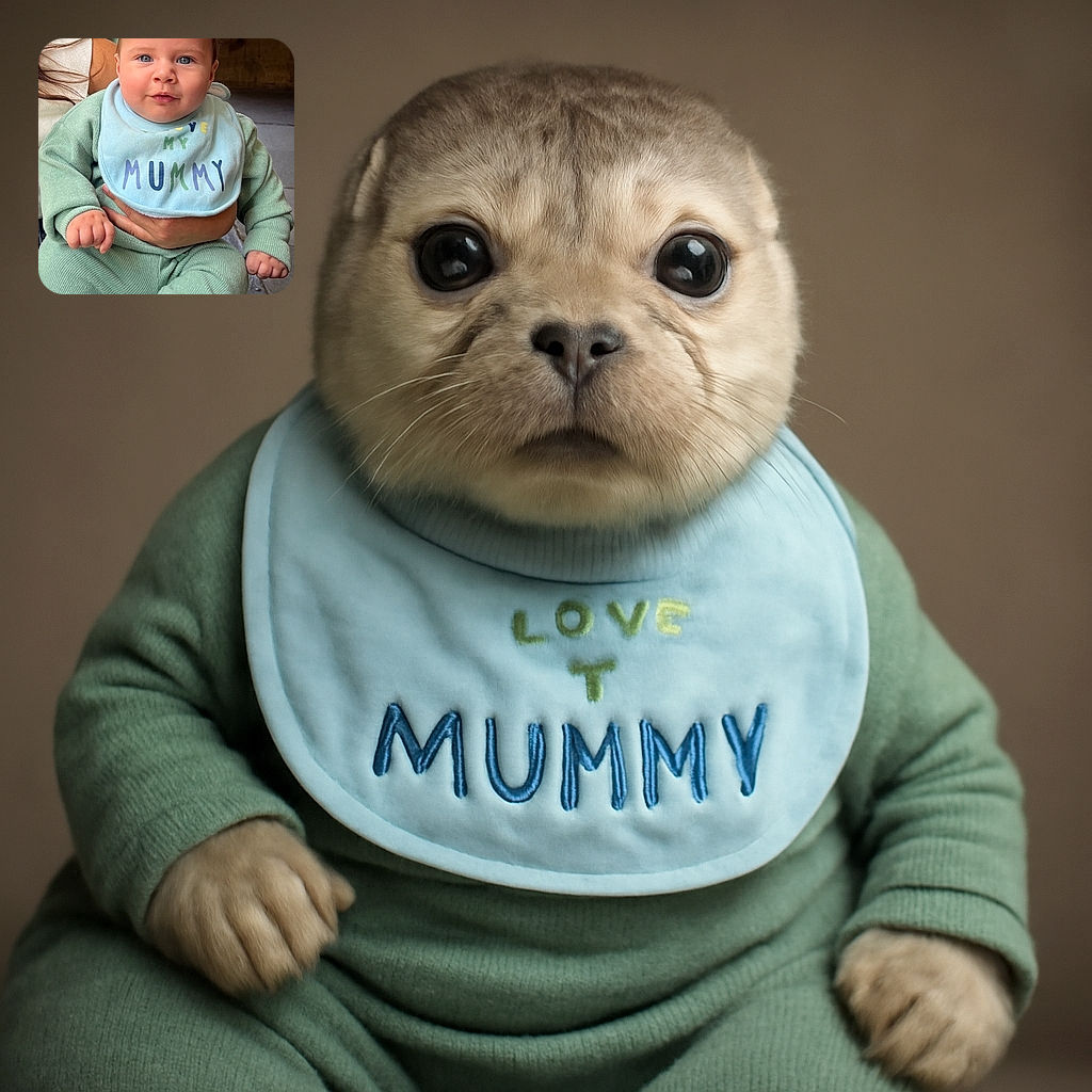 A cute baby with sparkling blue eyes wearing a pastel green outfit and a bib that says 'Love My Mummy' is held gently by an adult. The baby looks curious and content, with a cozy and warm atmosphere surrounding them.