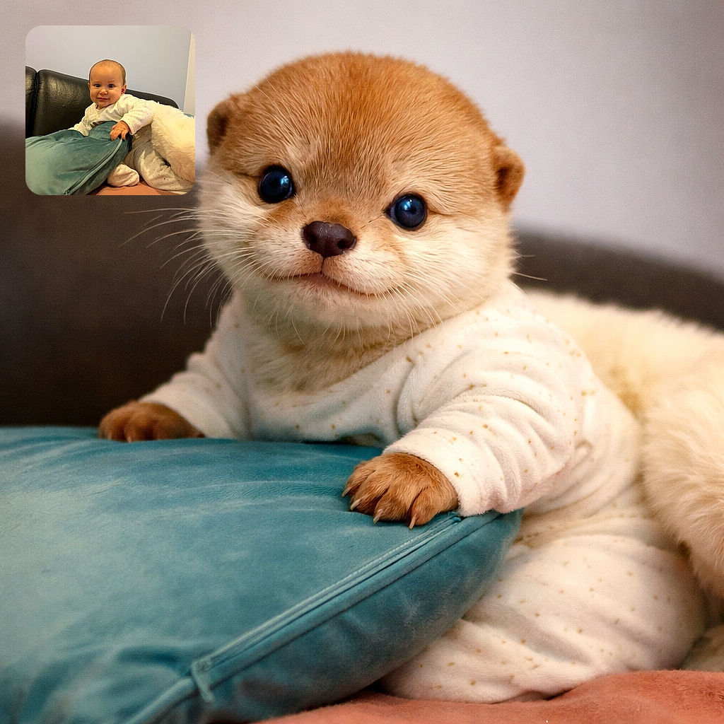 A curious baby sitting on a couch, clutching a teal cushion with a mischievous smile, surrounded by cozy blankets and soft textures in a warm indoor setting.