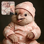 A joyful baby dressed in a cozy pink outfit covered with white bunnies, sticking out their tongue playfully while snuggled in a fluffy blanket on a dark couch.