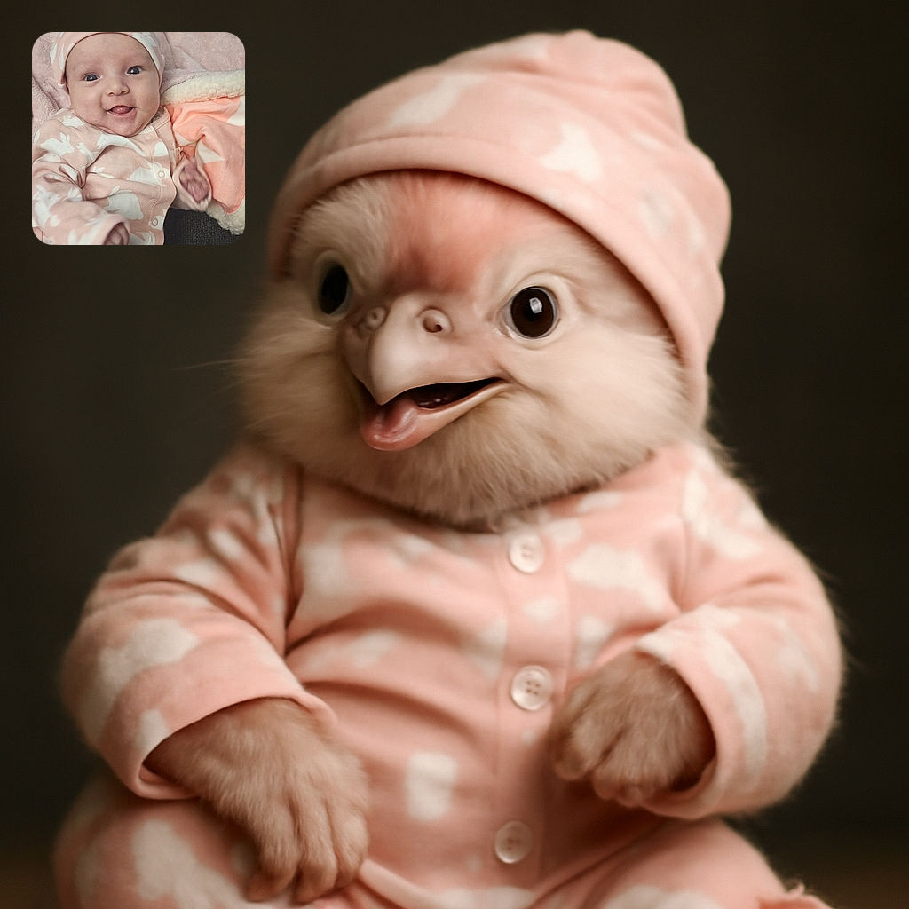 A joyful baby dressed in a cozy pink outfit covered with white bunnies, sticking out their tongue playfully while snuggled in a fluffy blanket on a dark couch.