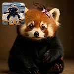 A cheerful baby with tiny pink bows in her hair is riding a big, friendly-looking yellow bee playground toy, flashing a charming smile as the sun sets behind a peaceful park scene.