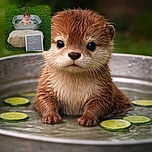 A chubby baby is enjoying a refreshing outdoor bath in a shiny metal tub with floating cucumber and lime slices, surrounded by lush green grass and a wooden sign announcing the baby's age milestone.