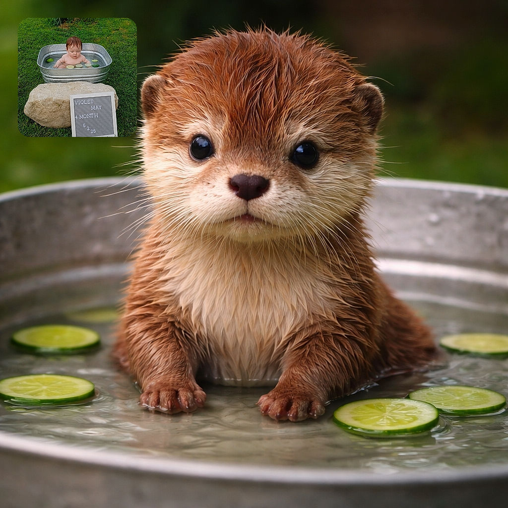 A chubby baby is enjoying a refreshing outdoor bath in a shiny metal tub with floating cucumber and lime slices, surrounded by lush green grass and a wooden sign announcing the baby's age milestone.