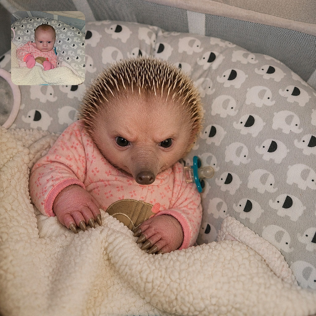 A wide-eyed baby sits tucked into a cozy blanket fortress, looking intensely serious while a pacifier hangs nearby like a tiny emergency microphone. Elephant-patterned bedding completes the adorable nursery scene.
