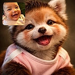 A close-up photo of a joyful baby with a wide smile and sparkling eyes, wrapped in a soft pink outfit, radiating pure happiness and innocence against a dark green background.