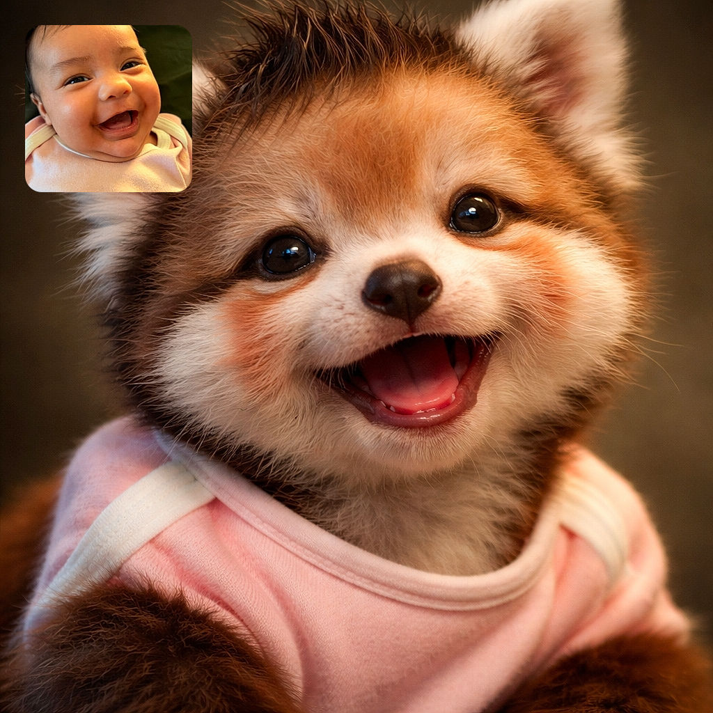 A close-up photo of a joyful baby with a wide smile and sparkling eyes, wrapped in a soft pink outfit, radiating pure happiness and innocence against a dark green background.