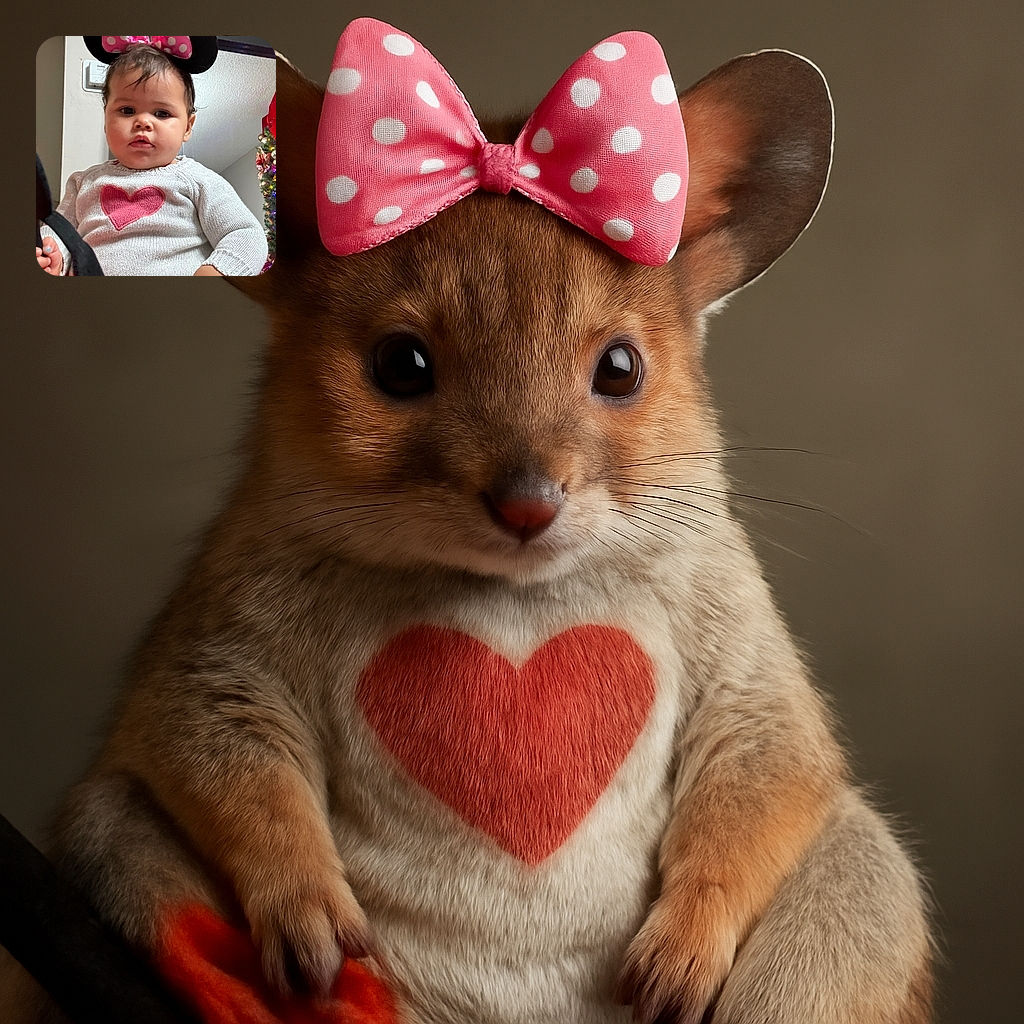 A chubby-cheeked toddler wearing a cozy white sweater with a big pink heart and playful Minnie Mouse ears looks curiously at the camera, with a festive Christmas tree glowing softly in the background.