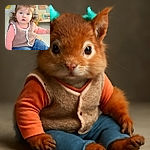 A wide-eyed toddler with two aqua flower hair clips sits curiously, wearing a fuzzy beige vest over a peach long-sleeve shirt and blue jeans. The background is colorful and playful, hinting at a cozy, child-friendly environment.