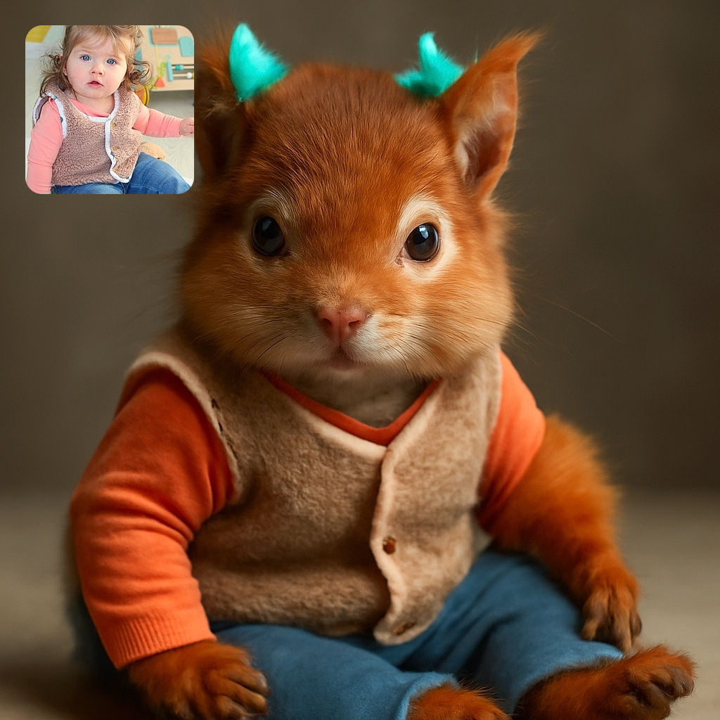 A wide-eyed toddler with two aqua flower hair clips sits curiously, wearing a fuzzy beige vest over a peach long-sleeve shirt and blue jeans. The background is colorful and playful, hinting at a cozy, child-friendly environment.