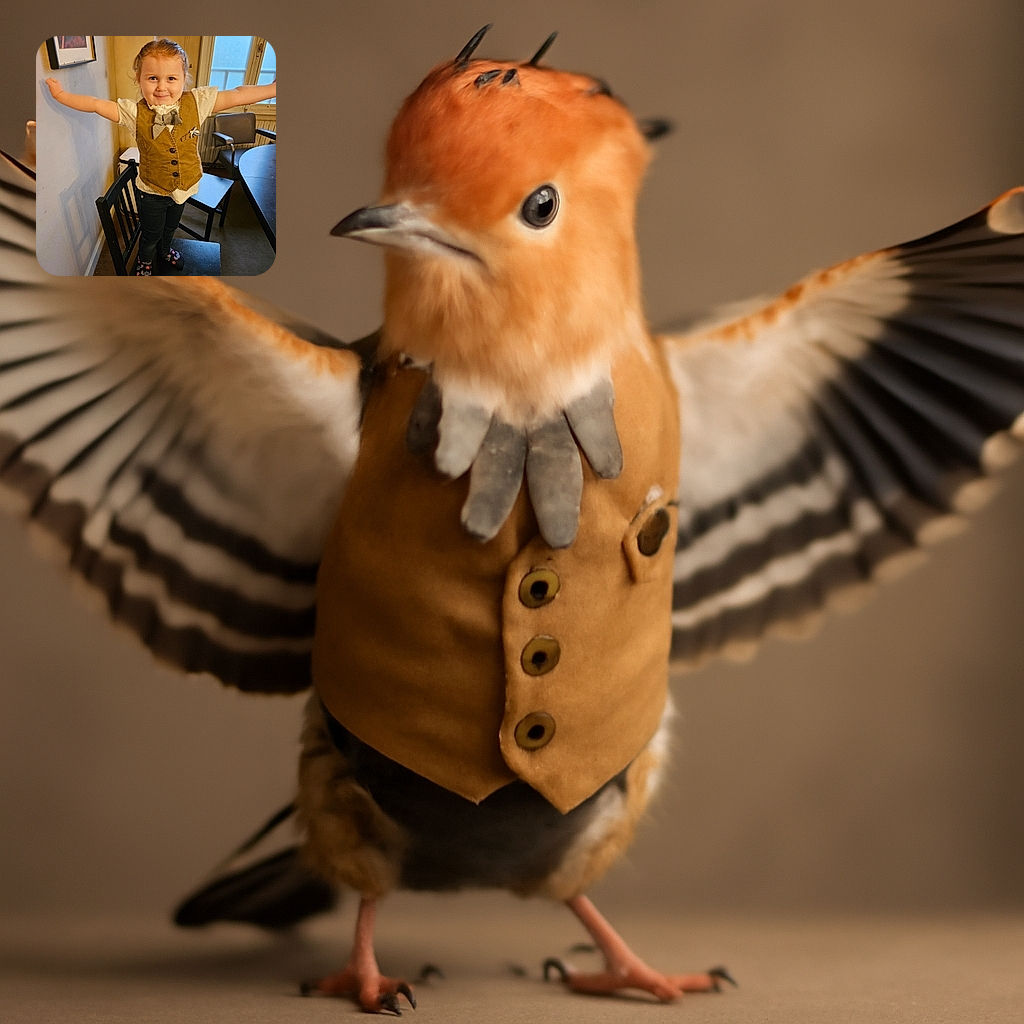 A cheerful little child stands proudly on a black chair with arms wide open, wearing a brown vest and a bow tie, smiling mischievously in a cozy room with a window and a round table in the background.