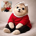 A chubby-cheeked baby in a bright red sweater lounges like royalty against an enormous teddy bear — tiny polka-dot bow, curious grin, and socks clearly plotting cuddle domination.