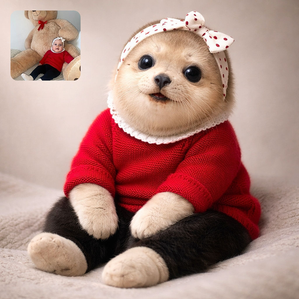 A chubby-cheeked baby in a bright red sweater lounges like royalty against an enormous teddy bear — tiny polka-dot bow, curious grin, and socks clearly plotting cuddle domination.