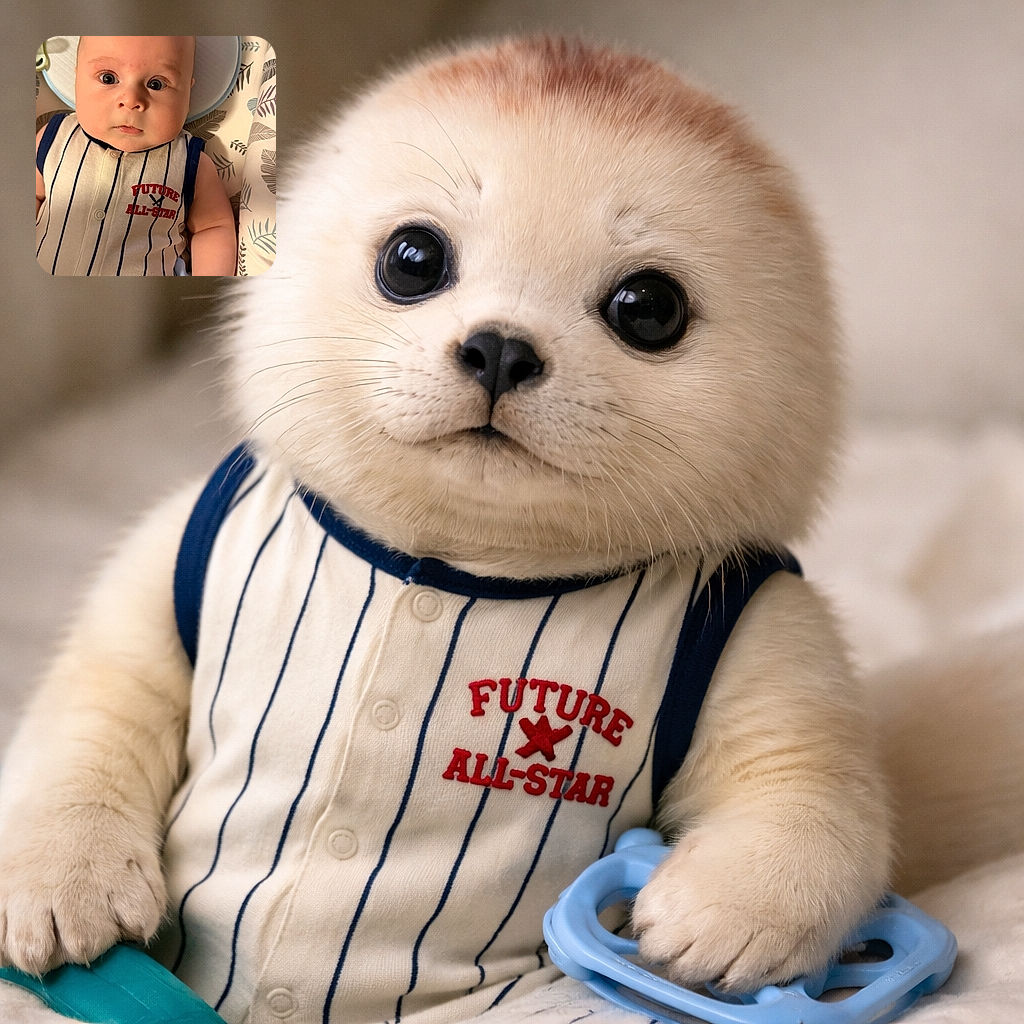 A wide-eyed baby dressed in a cute striped onesie with 'Future All-Star' printed on it, lying on a cozy patterned blanket with a soft pillow behind the head, looking curiously at the camera.