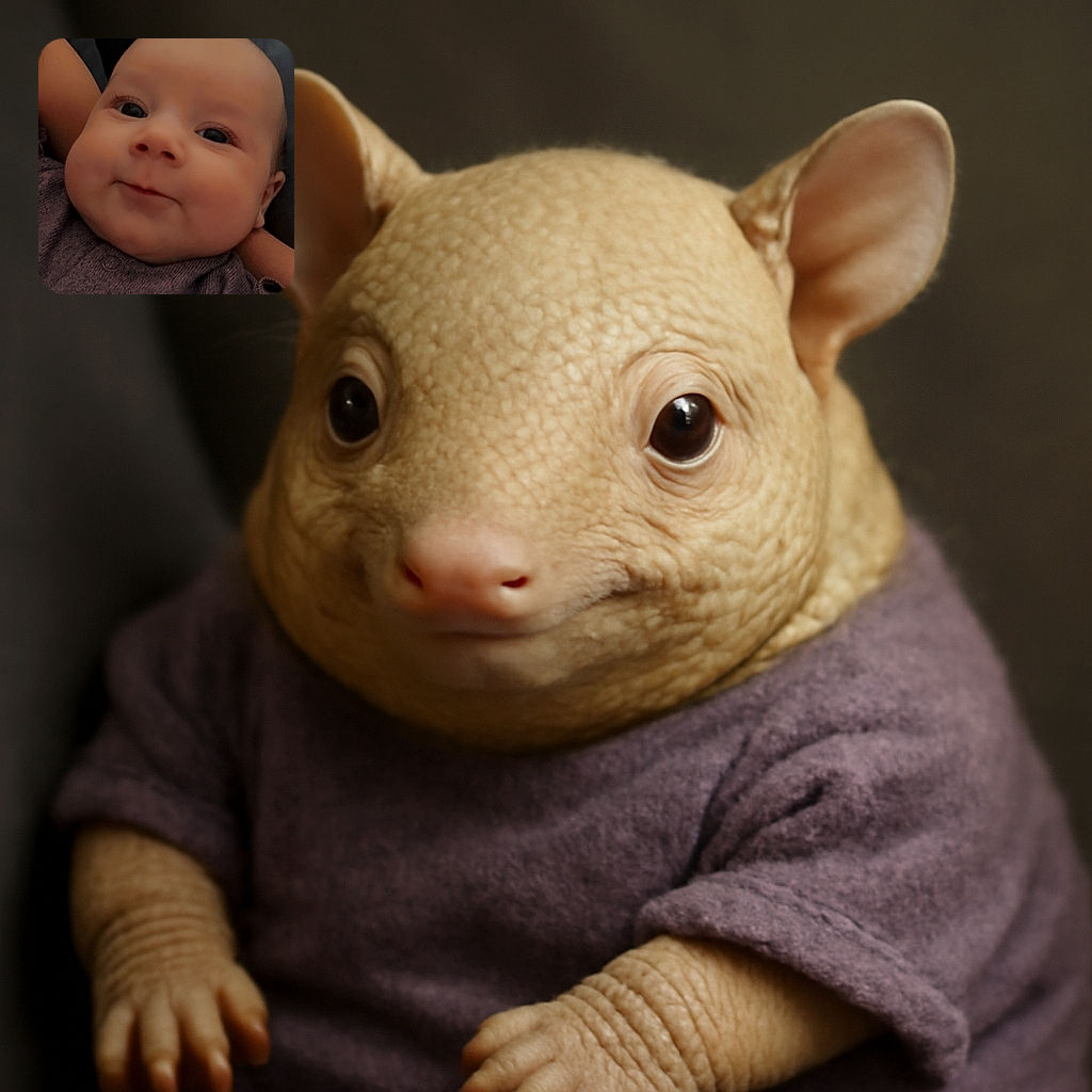 A close-up photo of an adorable baby with big eyes and chubby cheeks wearing a purple outfit, looking curiously at the camera with a soft, warm background.