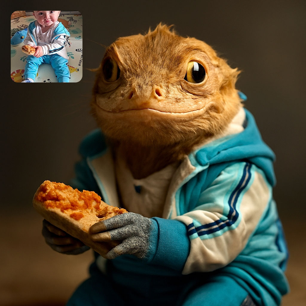 A cute baby in a blue and white tracksuit sits on a colorful animal-themed mat, holding a pastry with a curious and slightly mischievous expression, surrounded by soft toys and a cozy home atmosphere.