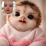 A close-up shot of a curious baby with big eyes and soft cheeks, wearing a light-colored outfit. The background is bright with some indistinct objects and a hint of another person partially visible on the left.