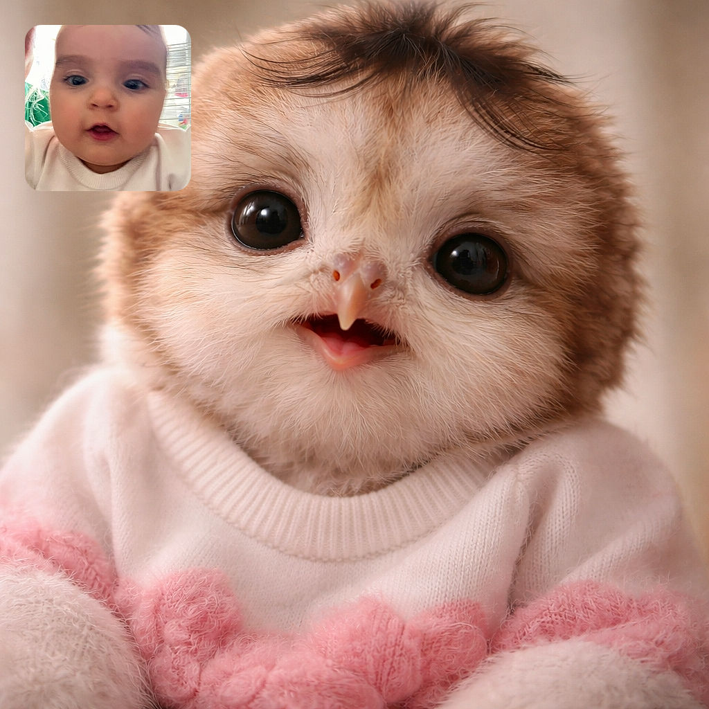 A close-up shot of a curious baby with big eyes and soft cheeks, wearing a light-colored outfit. The background is bright with some indistinct objects and a hint of another person partially visible on the left.