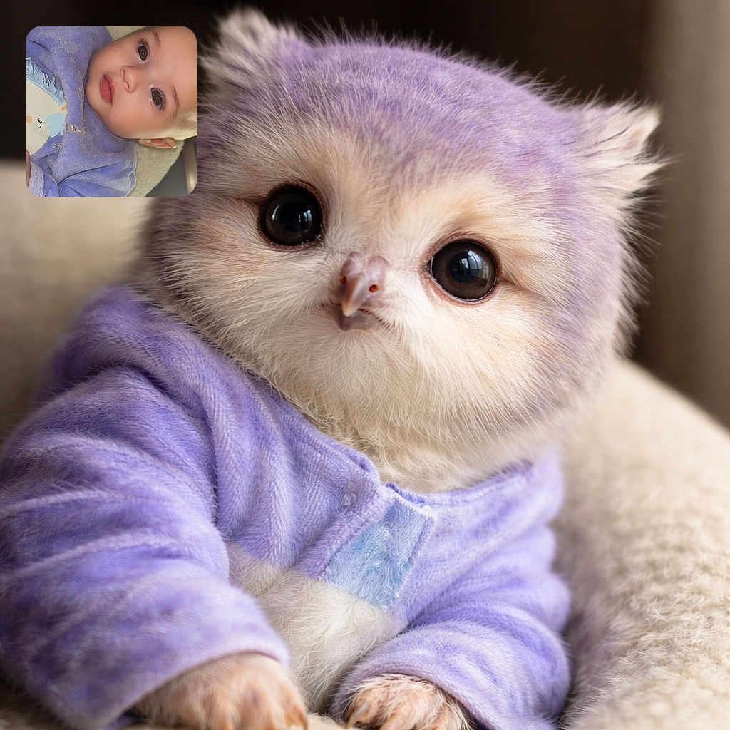 A close-up photo of an adorable baby lying down, wrapped in a soft purple blanket, with big curious eyes and smooth skin, looking slightly to the side in a cozy indoor setting.