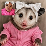 A wide-eyed baby in a bright pink outfit and enormous white bow looks straight at the camera as if wondering who authorized this extremely serious fashion shoot.