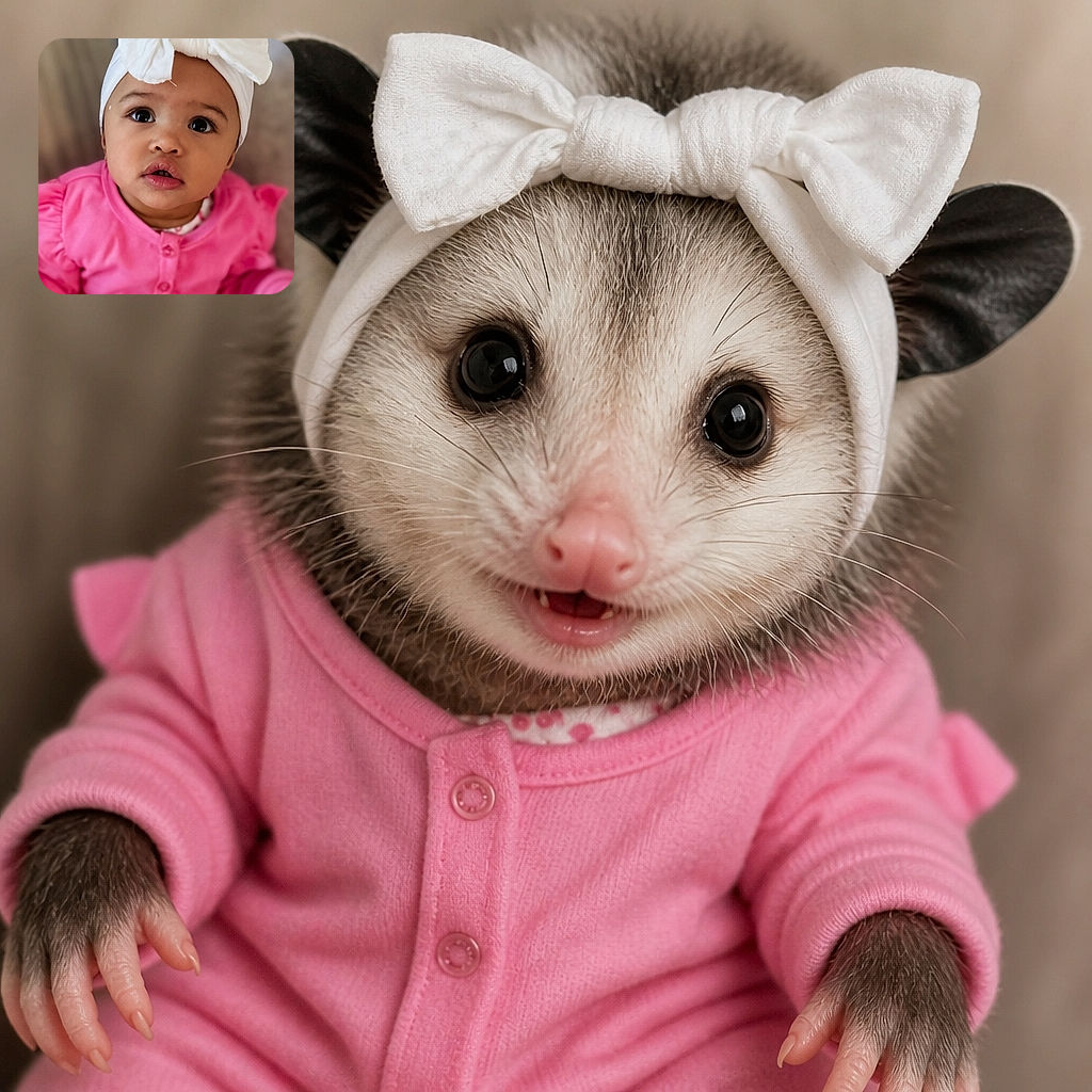 A wide-eyed baby in a bright pink outfit and enormous white bow looks straight at the camera as if wondering who authorized this extremely serious fashion shoot.