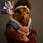 A curious toddler bundled up warmly in a stroller, clutching a doll dressed in purple while sporting a white headband and looking intently at the camera as sunlight casts playful shadows on their face.