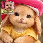 A close-up photo of a smiling baby wearing a bright pink sun hat and a yellow textured shirt, with a soft outdoor background and a gentle arm holding the baby.