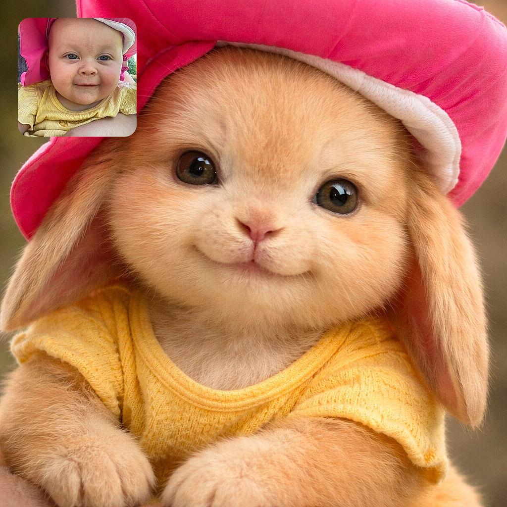 A close-up photo of a smiling baby wearing a bright pink sun hat and a yellow textured shirt, with a soft outdoor background and a gentle arm holding the baby.