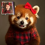 A joyful little girl with a bright red bow in her hair beams a wide smile, dressed in a festive plaid outfit, captured in what seems to be a holiday portrait from 2015, with a cozy, colorful background hinting at Christmas decorations.