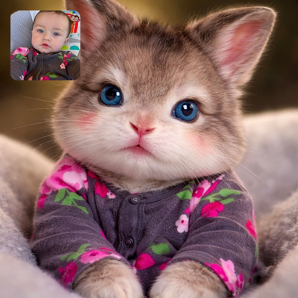 A wide-eyed baby stares into the camera like a tiny, judgmental snack critic — floral onesie on, monkey cushion photobombing in the background, and cheeks perfectly primed for pinches.