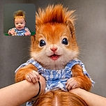 A wide-eyed baby with spiky hair is being held up by a person with matching red hair, creating a playful and adorable moment against a plain gray background.