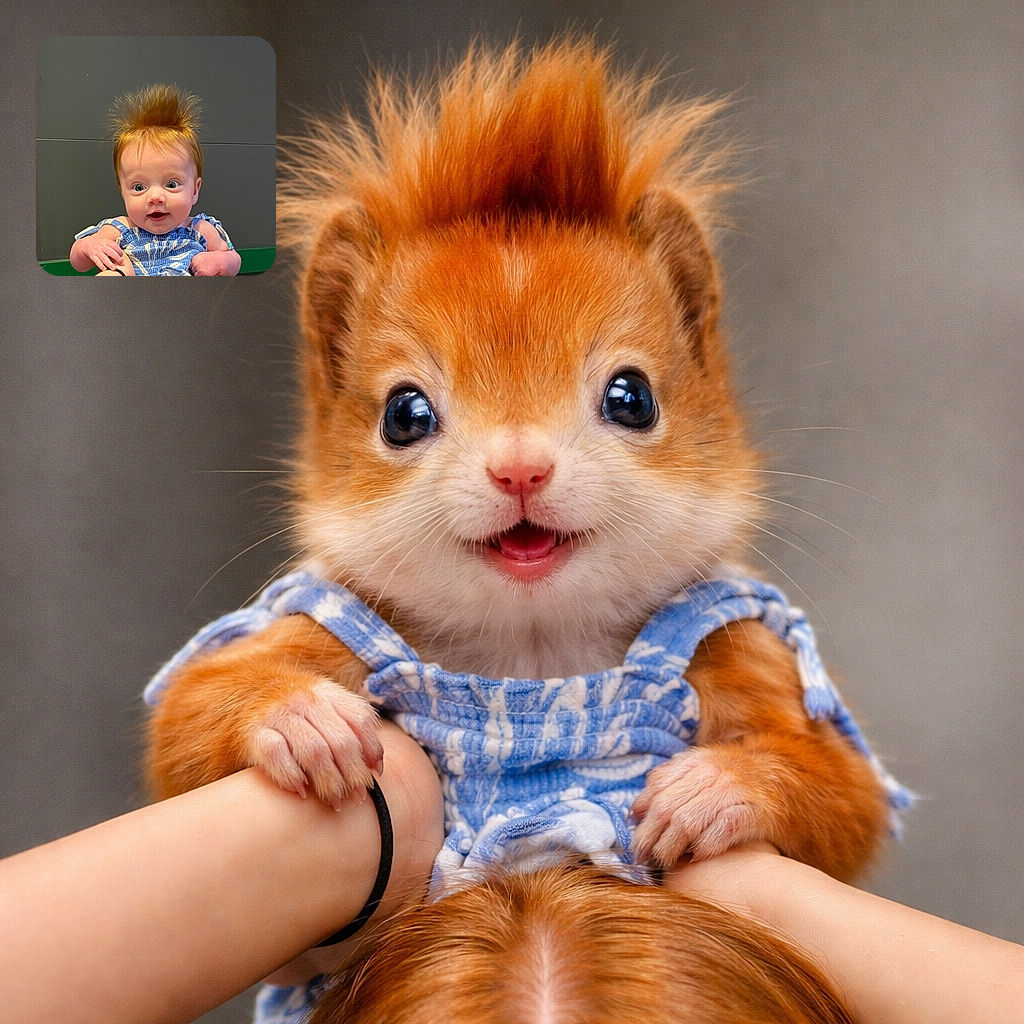 A wide-eyed baby with spiky hair is being held up by a person with matching red hair, creating a playful and adorable moment against a plain gray background.