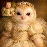 A pint-sized royal stares solemnly like a tiny monarch-in-training, decked out in a pearl-studded tiara and a lacey golden gown — cheeks rosy, expression deadpan, and ready to rule snack time.