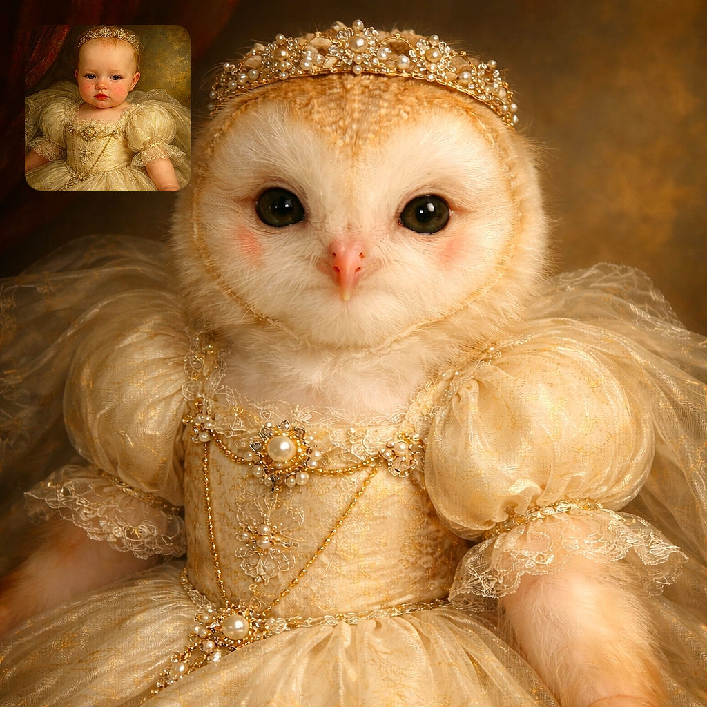 A pint-sized royal stares solemnly like a tiny monarch-in-training, decked out in a pearl-studded tiara and a lacey golden gown — cheeks rosy, expression deadpan, and ready to rule snack time.