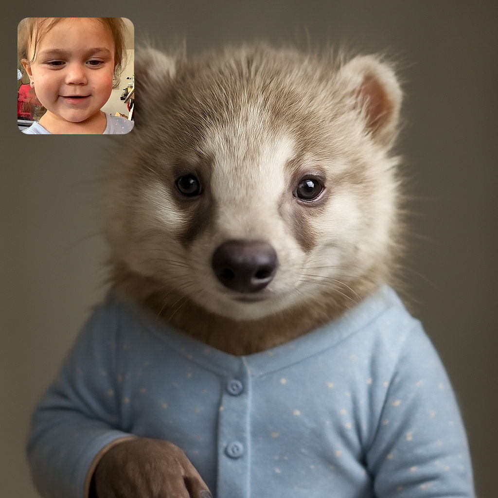 A close-up photo of a smiling toddler in a light blue polka dot onesie, with slightly messy hair and tiny earrings, captured indoors with household items in the background.