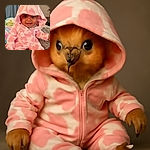 A joyful baby dressed in a cozy pink and white heart-patterned hoodie suit grins widely at the camera, sitting on a patterned bedspread with a colorful toy in the background, radiating pure cuteness and happiness.