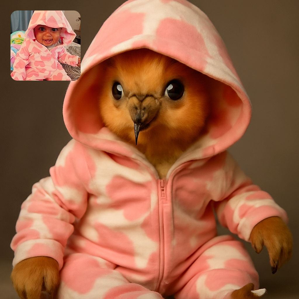 A joyful baby dressed in a cozy pink and white heart-patterned hoodie suit grins widely at the camera, sitting on a patterned bedspread with a colorful toy in the background, radiating pure cuteness and happiness.