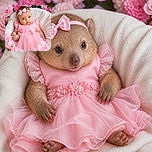 A tiny fashionista lounges like the guest of honor at a very pink royal banquet, complete with a magnificent bow, frilly dress, and a floral audience that clearly came to admire her cheeks.