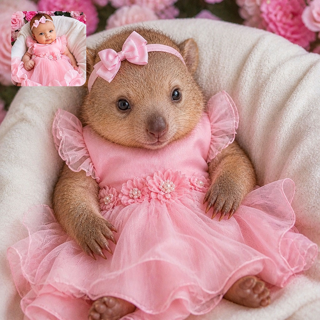 A tiny fashionista lounges like the guest of honor at a very pink royal banquet, complete with a magnificent bow, frilly dress, and a floral audience that clearly came to admire her cheeks.
