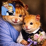 A smiling woman in a light blue dress lovingly embraces a young boy with spiked blonde hair dressed in formal attire holding a bouquet of flowers, set in an indoor event with a softly blurred background.