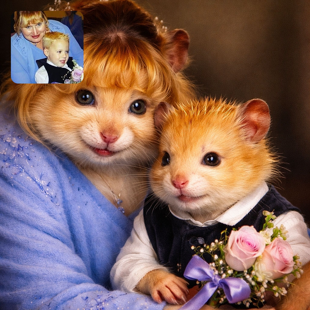 A smiling woman in a light blue dress lovingly embraces a young boy with spiked blonde hair dressed in formal attire holding a bouquet of flowers, set in an indoor event with a softly blurred background.