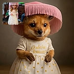 A little girl dressed as a birthday princess, wearing a large pink fringed hat and a white dress with gold polka dots, stands in the middle of a cozy living room. Behind her, a smiling child holds a green balloon while a dog wanders nearby. The scene is lively and warm with birthday celebration vibes, complete with scattered purple tissue paper on the wooden floor.