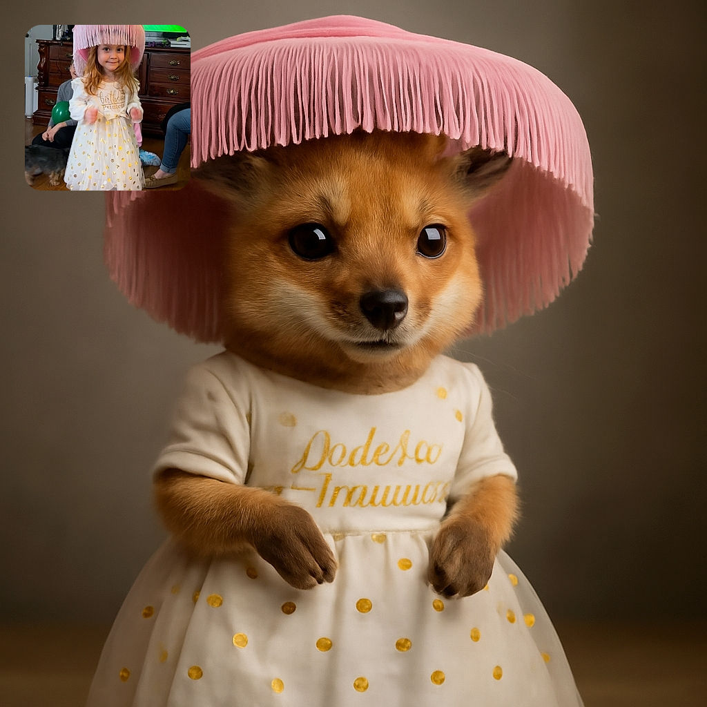 A little girl dressed as a birthday princess, wearing a large pink fringed hat and a white dress with gold polka dots, stands in the middle of a cozy living room. Behind her, a smiling child holds a green balloon while a dog wanders nearby. The scene is lively and warm with birthday celebration vibes, complete with scattered purple tissue paper on the wooden floor.
