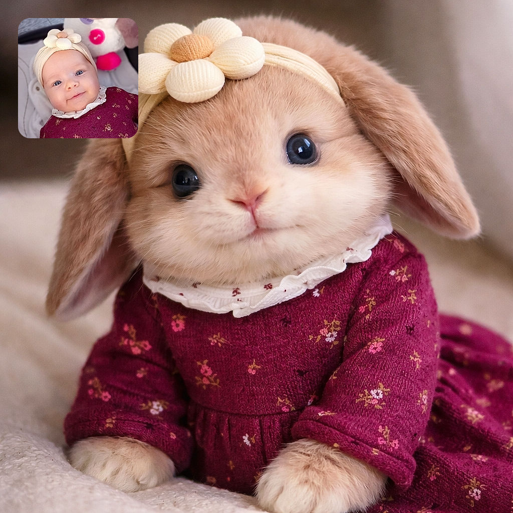 A chubby-cheeked baby grins up at the camera like a tiny royalty, wearing a flowered headband while a plush hippo photobombs from above — pure cuteness and snuggle energy.