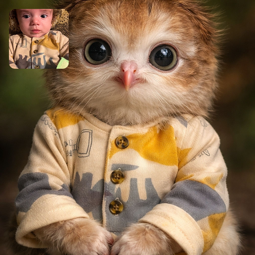 A wide-eyed baby lies bundled in a patterned onesie on a textured blanket, staring at the camera like it's plotting snack time — tiny buttons, chubby cheeks and unexpectedly serious expression make this portrait both adorable and comically intense.