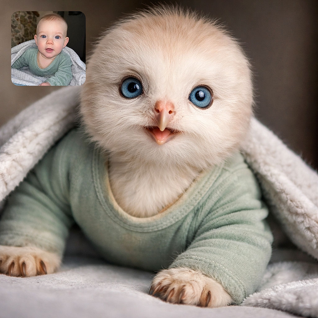 A wide-eyed baby pops out of a fluffy blanket like a tiny, inquisitive superhero — blue eyes locked on the camera, one hand reaching forward as if to tap the shutter.