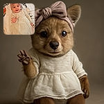 A charming baby dressed in a soft beige outfit with a tulle skirt and matching headwrap waves happily at the camera while lying on a colorful, patterned blanket featuring flowers and leaves.