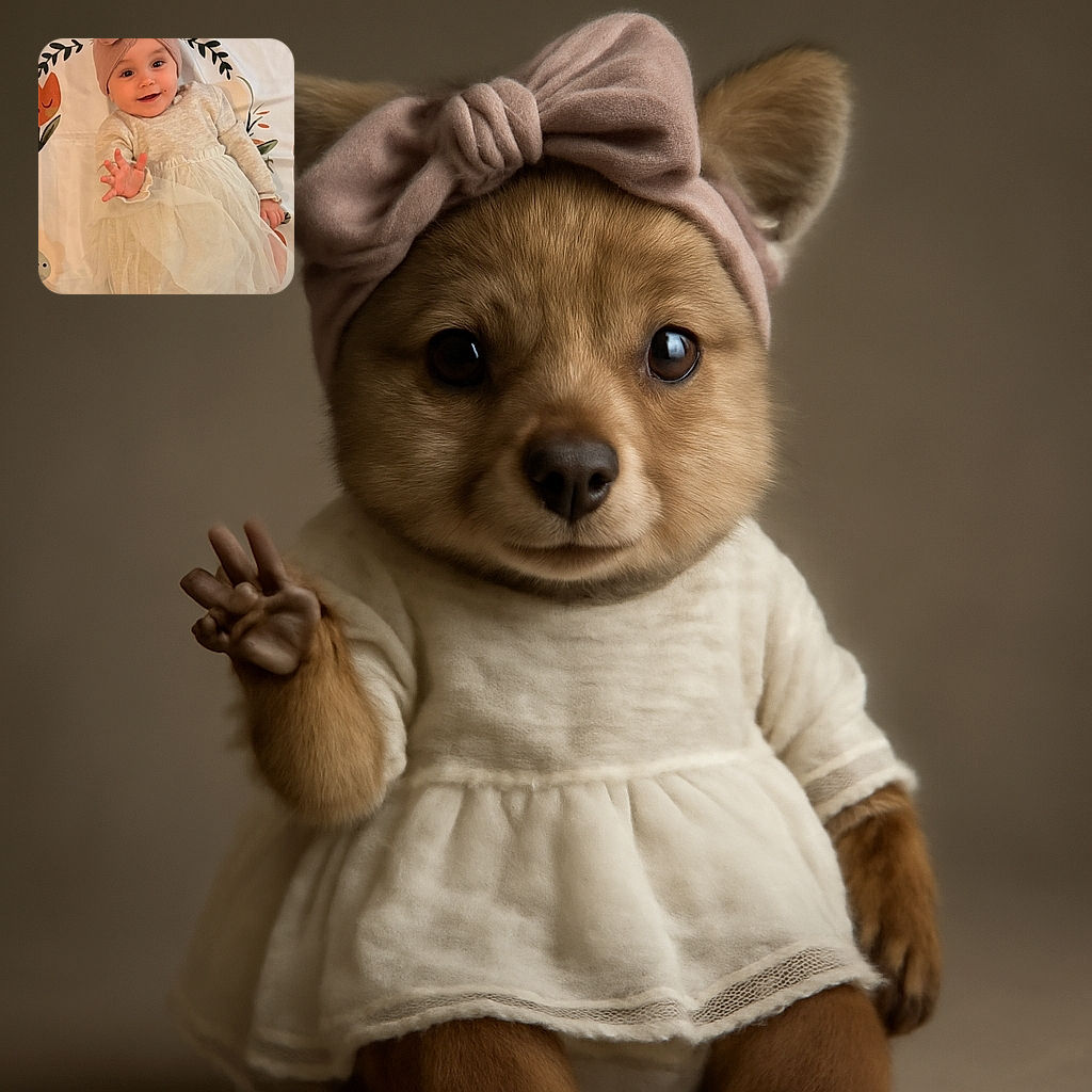 A charming baby dressed in a soft beige outfit with a tulle skirt and matching headwrap waves happily at the camera while lying on a colorful, patterned blanket featuring flowers and leaves.