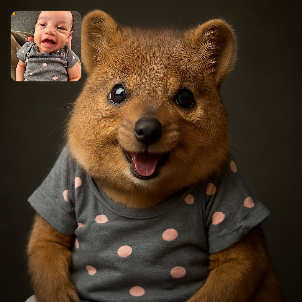 A close-up shot of a joyful baby wearing a grey polka dot onesie, smiling widely with bright eyes, held gently by a person wearing camouflage pants, with a soft carpet background and a small yellow toy in the corner.