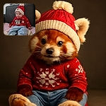 A cute baby wearing a festive red hat with a pom-pom and a red sweater featuring a holiday-themed Mickey Mouse design is sitting comfortably on a couch covered with a pink blanket. The baby has a mischievous smile and bright eyes, making the scene heartwarming and joyful.